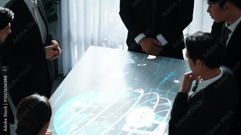 Poster top view of project manager looking hologram of global networking connection table surrounded by div