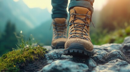 Hiking boots on rocky terrain in a mountainous landscape.