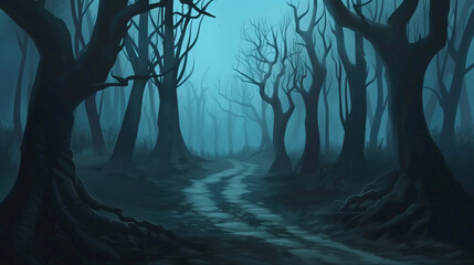 a haunting and atmospheric illustration of a desolate forest path, where shadowy figures lurk among the gnarled trees.