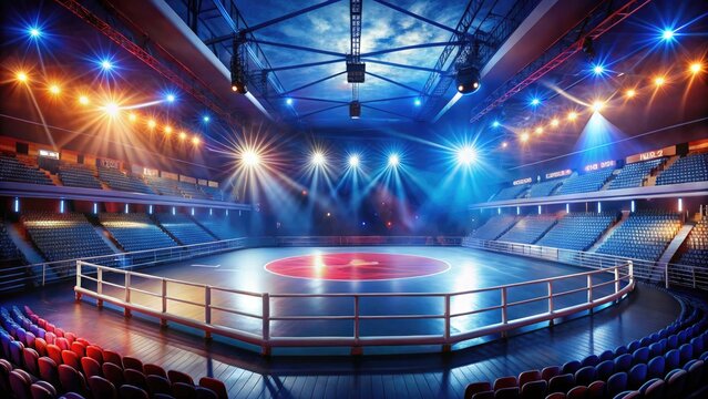 Dynamic wrestling arena background with vibrant lighting and an energetic atmosphere for sports media
