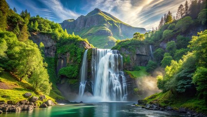 Fototapeta premium Sunbeams illuminate a cascading waterfall, its misty spray creating an ethereal glow against the backdrop of verdant hills
