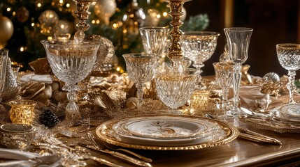 Elegant Christmas Table Setting with Gold and Glassware
