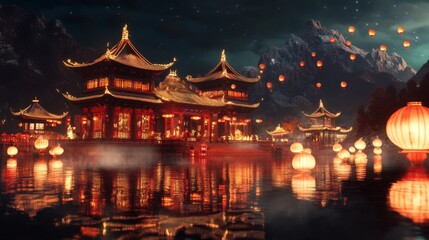 Fototapeta premium Illuminated Chinese Temple Reflecting in Calm Water with Floating Lanterns
