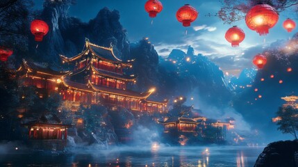Fototapeta premium Illuminated Chinese Pagoda and Lanterns in a Misty Mountain Landscape