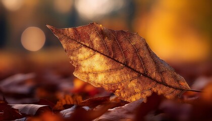 A detailed close-up of a brown, decaying leaf with rich textures and contrast, against a blu