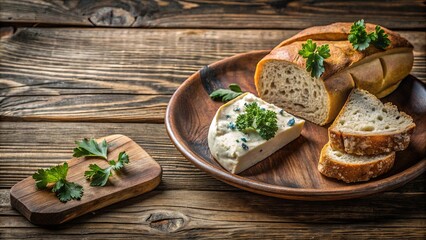 Freshly Baked Bread with Creamy Cheese and a Sprig of Parsley on Rustic Wooden Table