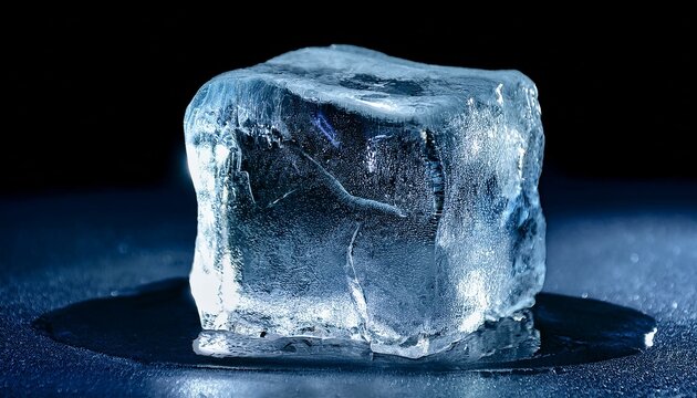  A large ice cube, heavily cracked and melting, rotating in the air with refracted light boun 