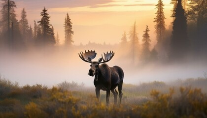 A moose standing alone in a fog-covered field at dawn, with the soft light of the rising sun