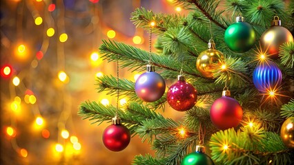 Ornaments Glimmering on a Christmas Tree Branch, Adorned with Festive Lights and a Warm Glow