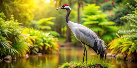 Fototapeta premium Elegant Crane Bird Standing Gracefully in a Serene Natural Habitat with Lush Greenery Background
