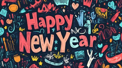 Abstract New Year's Greeting with Colorful Hand-Drawn Patterns