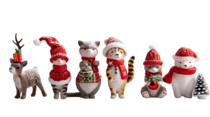 Holiday-themed animal figurines in festive attire on white background