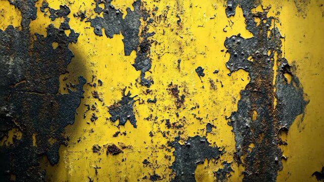 A close-up view of a yellow surface with chipped and peeling paint, revealing the metal underneath