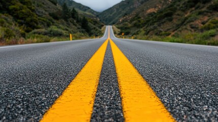 Fototapeta premium Empty Highway Road with Yellow Lines and Green Hills in Background