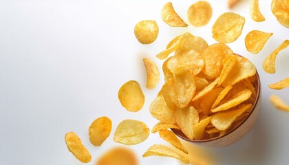  Chips falling in slow motion from above, captured mid-flight with shadows and light reflecti 