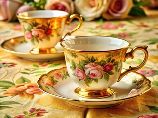 Elegant Gold Teacups Set on Floral Tablecloth Perfect for Afternoon Tea or Decorative Display