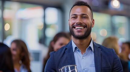 Employee receiving a recognition award at a corporate event, proud expression