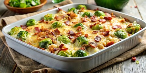 A golden, cheesy casserole with crispy bacon and vibrant green vegetables, ready to be served