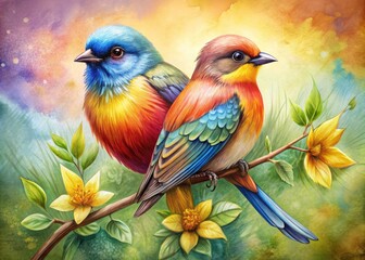 Obraz premium Elegant Hand-Drawn Illustration of Two Birds in Vibrant Colors Against a Soft Background