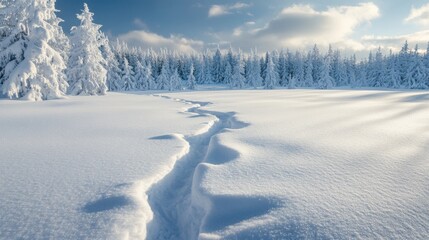 Snow-Covered Forest with Footprints and a Clear Blue Sky