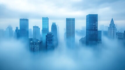 Obraz premium Misty cityscape with skyscrapers and fog.