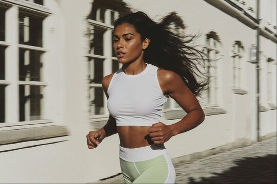 Woman Running in Urban Setting with Determined Expression