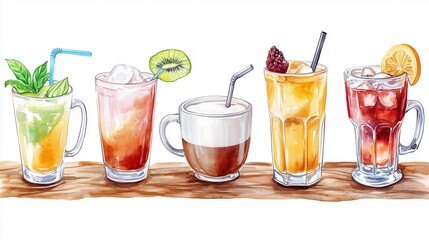 Fototapeta premium A colorful assortment of refreshing beverages displayed on a wooden surface, showcasing different flavors and styles for summer enjoyment