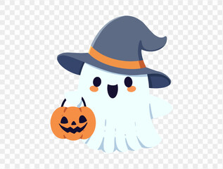 Happy cute smile ghost  wearing witch hat  holding pumpkin bucket isolated on png or transparent background.Halloween party banner. vector