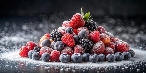 A medley of vibrant berries dusted with a delicate coating of powdered sugar, creating a visually captivating display of nature's sweetness.