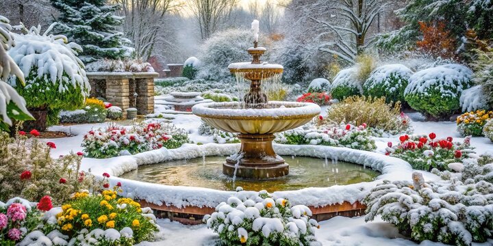 A picturesque winter scene of a stone fountain with cascading water, surrounded by snow-covered plants and shrubs, creating a serene and tranquil ambiance.