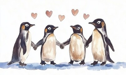 Obraz premium Penguins Holding Hands with Hearts Illustration