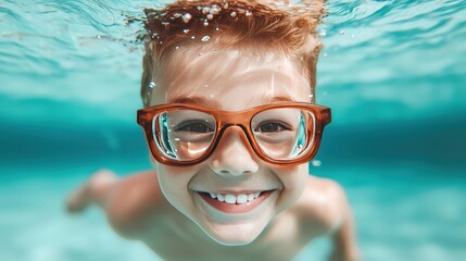 Naklejka premium Happy Boy Swimming Underwater in Pool with Goggles Summer Fun Kids Water Aqua