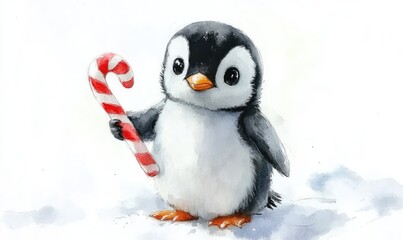 Fototapeta premium Penguin with Candy Cane in Watercolor Style