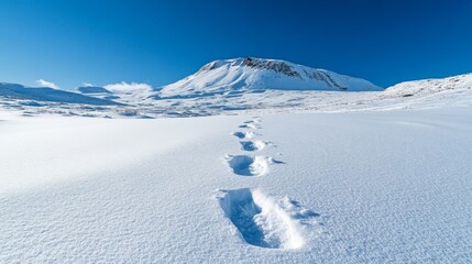 Footprints Leading Towards a Snowy Mountain Peak Under a Blue Sky