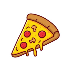 Slice of pizza with sausage and mushroom toppings and melted cheese, flat cartoon style. vector illustration icon.