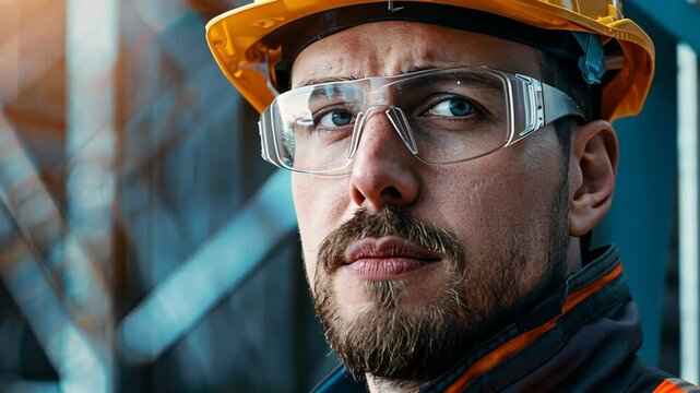 A construction worker wearing safety glasses and a hard hat looks directly at the camera