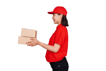 Smiling asian delivery: courier woman delivering boxed package isolated transparent
