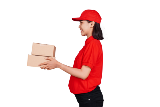 Smiling asian delivery: courier woman delivering boxed package isolated transparent