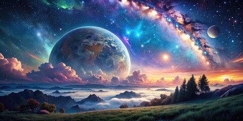 Enchanting Night Sky on Paradise Fantasy Planet with Moonlight and Colorful Nebulae Above