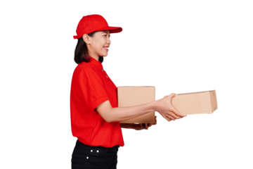 Smiling asian delivery: courier woman delivering boxed package isolated transparent