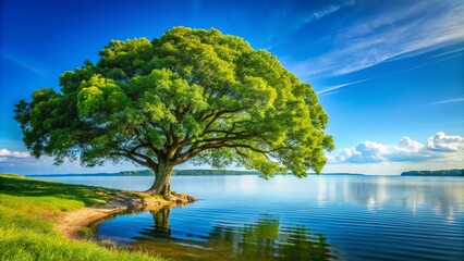 A solitary tree, its branches reaching out over calm water, mirroring the serenity of the sky above, creating a peaceful landscape.