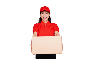 Smiling asian delivery: courier woman delivering boxed package isolated transparent