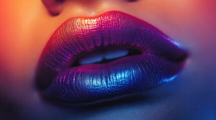 Close-up of a woman's lips with a vibrant gradient of red, pink, and blue glitter lipstick.