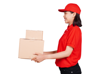 Smiling asian delivery: courier woman delivering boxed package isolated transparent