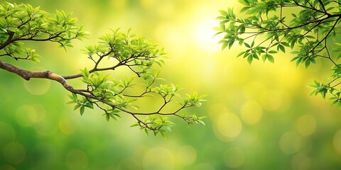 Obraz premium Vibrant Green Branches Reaching Towards the Sun, Captured in a Moment of Tranquil Springtime Growth