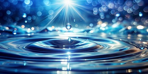 Obraz premium A single water droplet creates a mesmerizing ripple pattern on a tranquil blue surface, illuminated by a celestial beam of light with scattered sparkles.