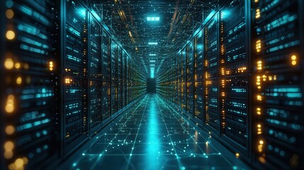 Fototapeta premium Futuristic Data Center with Server Racks and Neon Lights