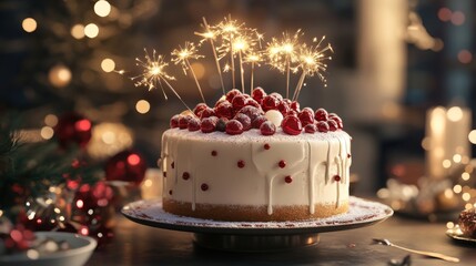 Festive White Cake Topped with Red Berries and Sparkler Candles