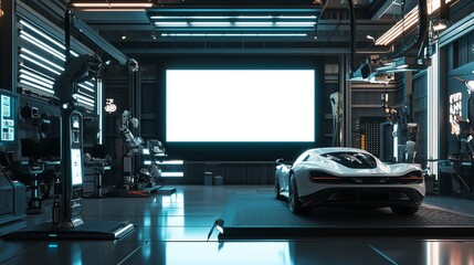 Futuristic 3D Render of Auto Repair Shop Interior