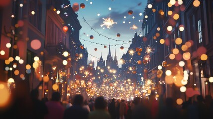 Obraz premium Festive City Street Filled with Sparkles and Blurred Lights